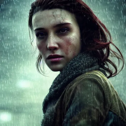 Image similar to fallout 5, charismatic beautiful rugged brunette female protagonist, portrait, outdoors ruined cityscape, atmospheric lighting, painted, intricate, volumetric lighting, beautiful, foggy, rain, daytime, slight overcast weather, sharp focus, deep colours, ultra detailed, by leesha hannigan, ross tran, thierry doizon, kai carpenter, ignacio fernandez rios