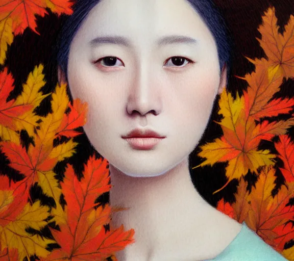 Image similar to detailed pastel colors portrait of a woman with a dress made of autumn leaves, by hsiao - ron cheng, fine detail, 8 k