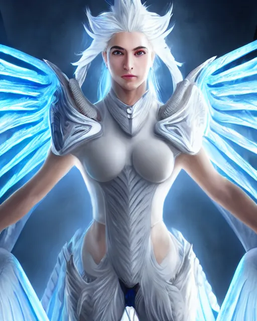 Image similar to perfect white haired attractive egyptian goddess with huge white dove wings, warframe armor, beautiful, symmetric, khaleesi, half asian, pretty face, blue eyes, detailed, scifi platform, laboratory, experiment, 4 k, ultra realistic, epic lighting, android body, illuminated, cinematic, masterpiece, art by akihito tsukushi, voidstar