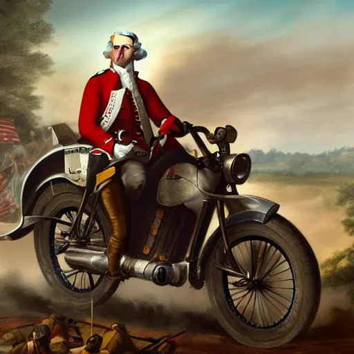 Prompt: George Washington riding a motorcycle into battle against the redcoats in the revolutionary war, epic, concept Art, detailed, 4K