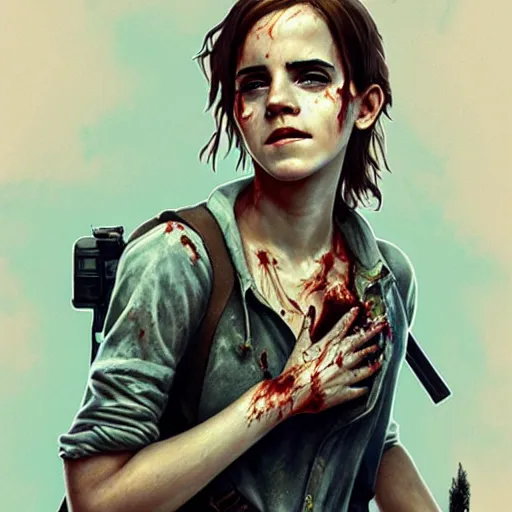 Image similar to Emma Watson as zombie from Dead Island 2 , highly detailed, digital painting, artstation, concept art, sharp focus, illustration, art by greg rutkowski and alphonse mucha