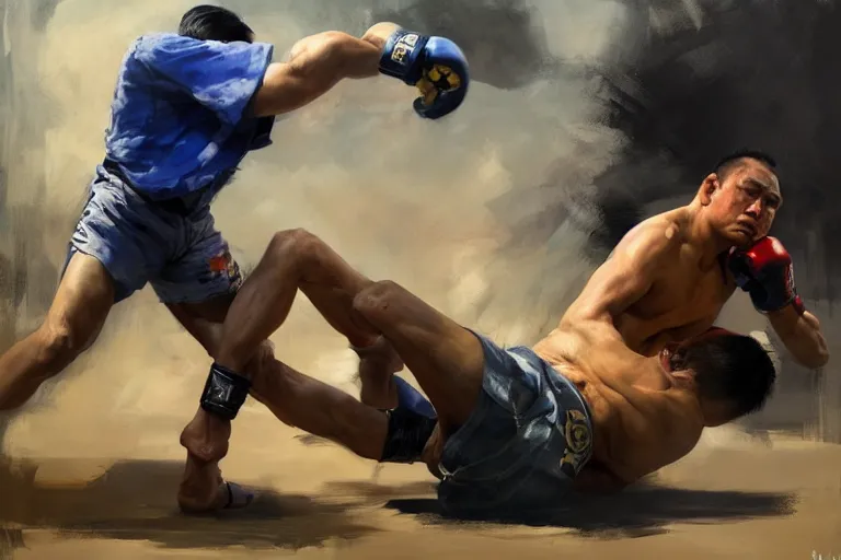 Prompt: greg manchess portrait of a filipino mma fighter defeated on the ground in an arena battle, organic painting, sunny day, matte painting, bold shapes, hard edges, street art, trending on artstation, by huang guangjian, gil elvgren, ruan jia, randy vargas, greg rutkowski