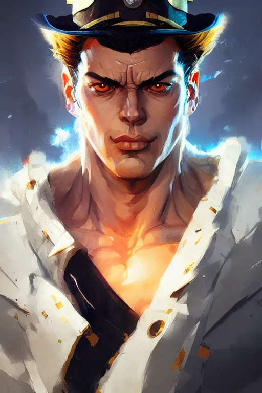 Image similar to epic half body portrait of jotaro kujo by greg rutkowski, highly detailed portrait, scifi, digital painting, artstation, concept art, smooth, sharp foccus ilustration, artstation hq