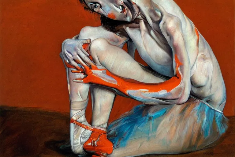 Image similar to high quality high detail painting of a ballerina in agony by lucian freud and jenny saville and francis bacon, hd, dark demonic dancer, turquoise and orange