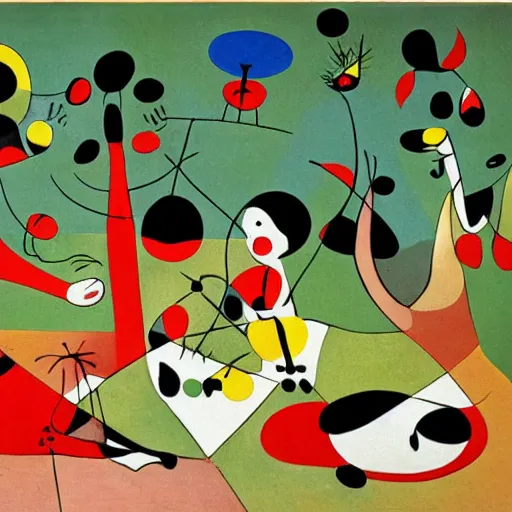 Prompt: a picnic in the park by joan miro