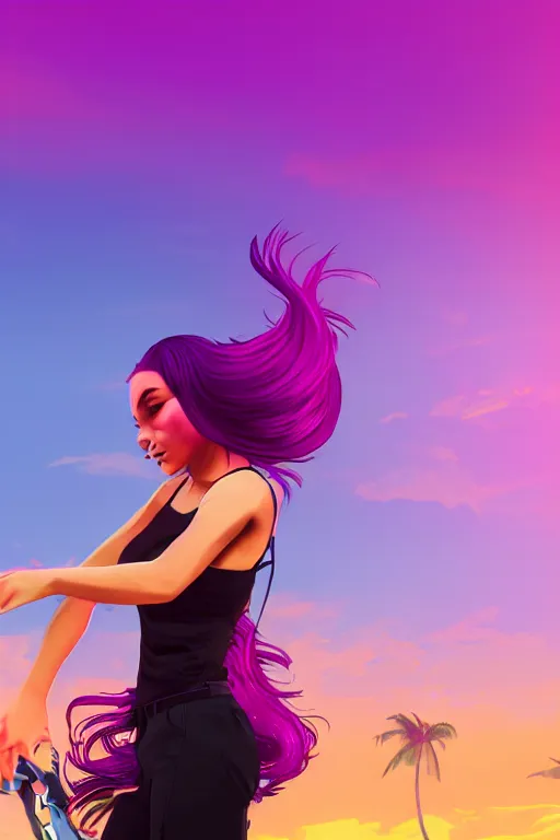 Image similar to a beautiful dancing woman with ombre purple pink hairstyle in a stunning GTA V loading screen, hair blowing in the wind, sunset mood, outrun, vaporware, retro, digital art, trending on artstation