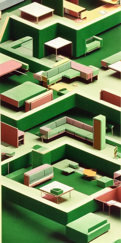 Image similar to huge sprawling gargantuan angular dimension of infinite indoor landscape 7 0 s green velvet and wood with metal office furniture. surrealism, mallsoft, vaporwave. muted colours, 7 0 s office furniture catalogue, shot from above, endless, neverending epic scale by escher and ricardo bofill