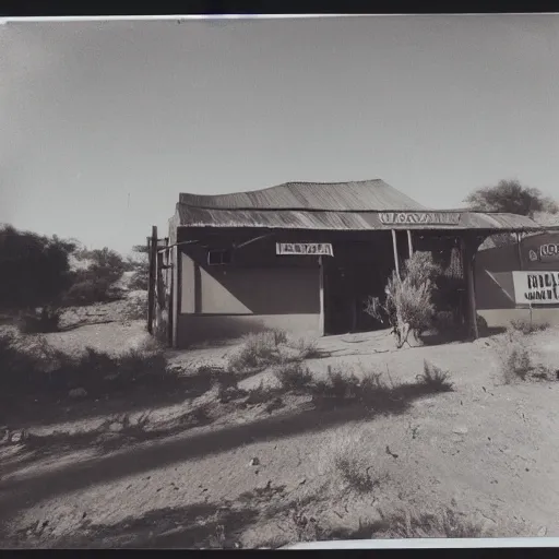 Prompt: old polaroids of taverns in northern namibia with neon signage