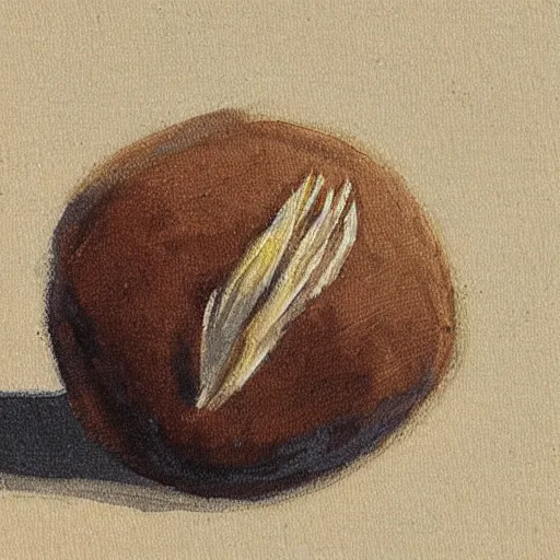 Image similar to detailed painting of a single small seed sitting on loose fresh earth, ready to plany. muted colors and natural tones.