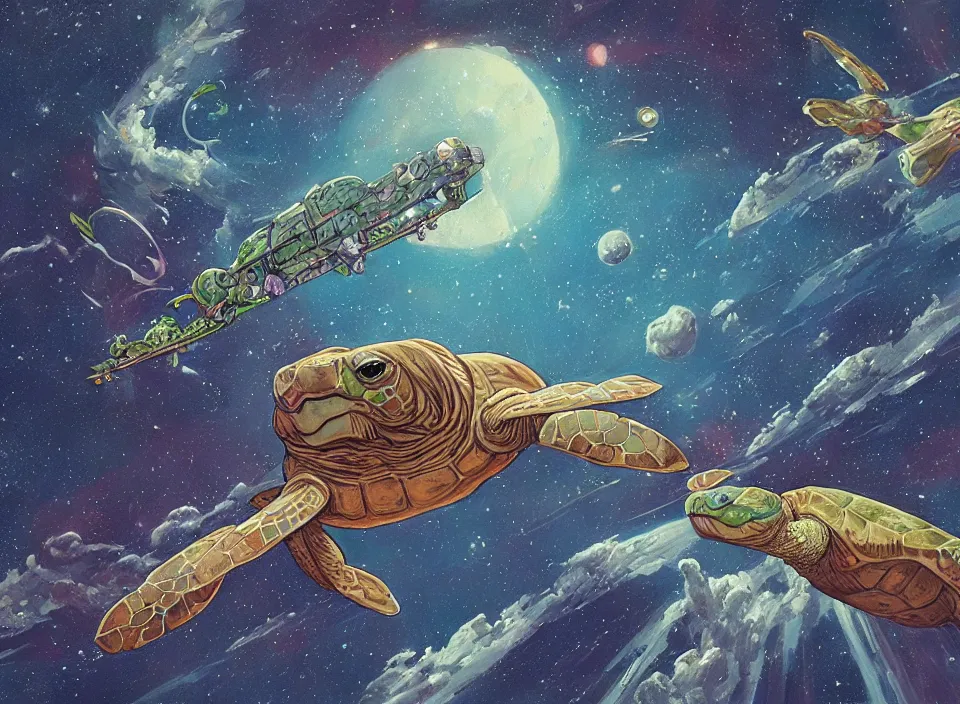 Prompt: a beautiful epic painting of giant turtle spaceship flying through space in the style of Moebius and Pascal Blanché