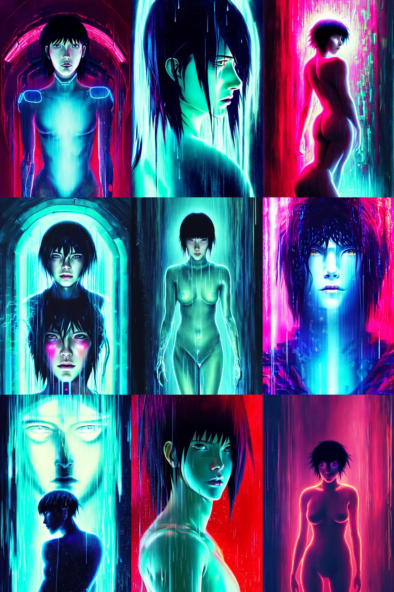 Prompt: portrait of a ghost in the shell in the glowing neon rain with wet hair and face, fantasy, intricate, elegant, dramatic lighting, highly detailed, lifelike, photorealistic, digital painting, artstation, concept art, smooth, sharp focus, illustration, art by John Collier and Albert Aublet and Krenz Cushart and Artem Demura and Alphonse Mucha