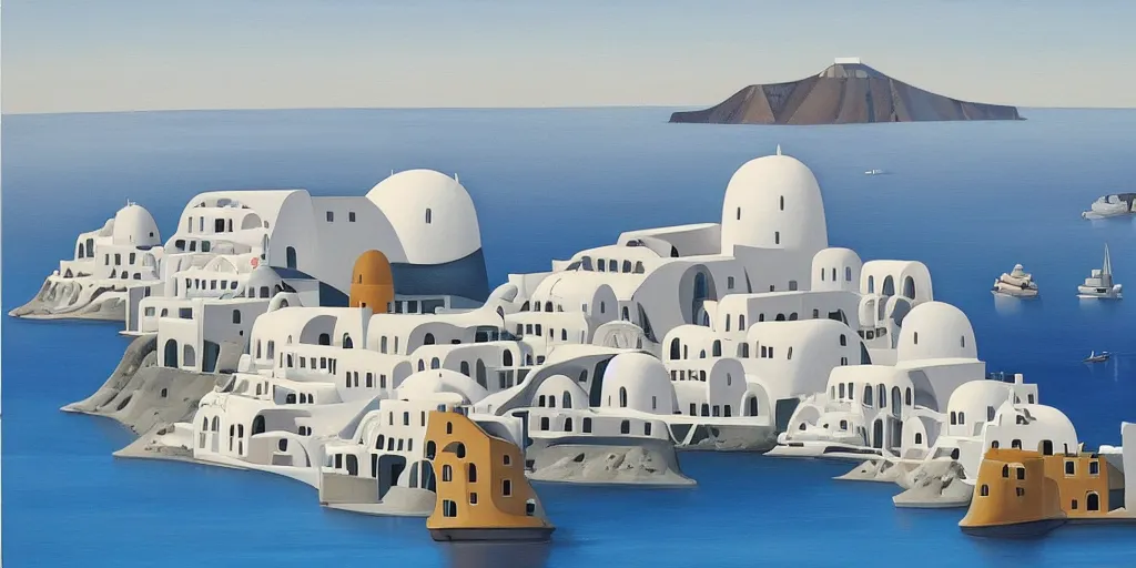 Image similar to a painting of abstract buildings like santorini by zaha hadid and yves tanguy