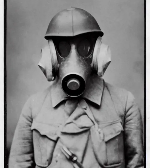 Image similar to a man at distance wearing pointy beak-like gas mask, ww1 film photo, grainy, high detail, high resolution