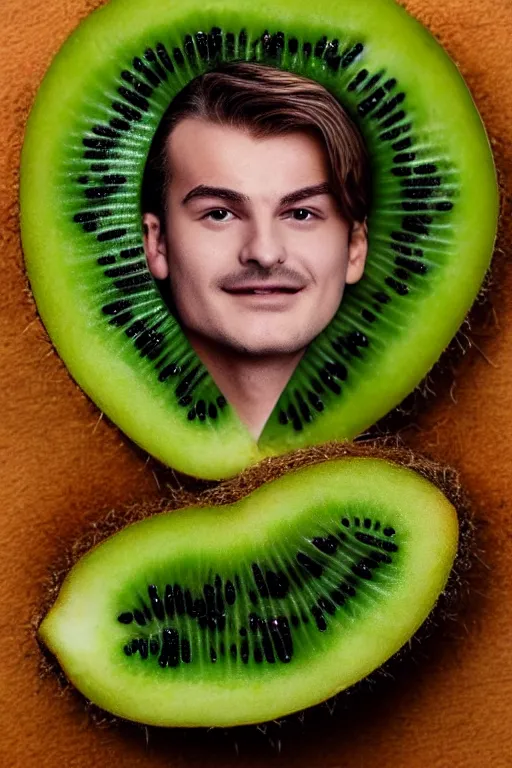 Image similar to 📷 joe keery face on kiwi fruit 🥝, made of food, head portrait, dynamic lighting, 4 k