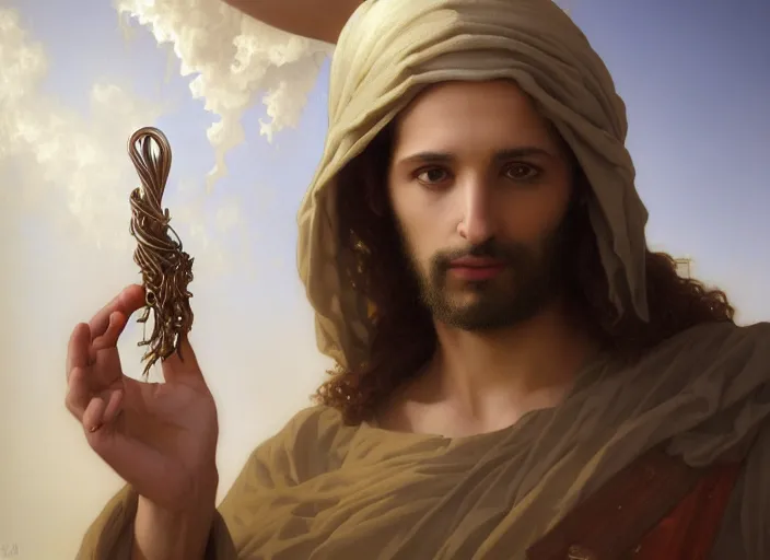 Image similar to second coming of middle eastern jesus christ, very detailed face, peter mohrbacher, michael whelan, William-Adolphe Bouguereau, Michael Cheval, kay sage, digital art, airbrush, art nouveau, intricate, clear, looming, epic, depth, artstation, highly detailed, blender, Unreal Engine, octane render, vray, 8k