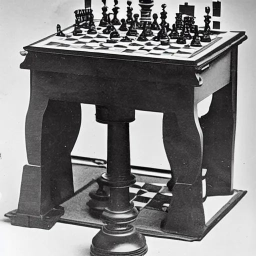 Prompt: an artificial intelligence chess machine, 1914