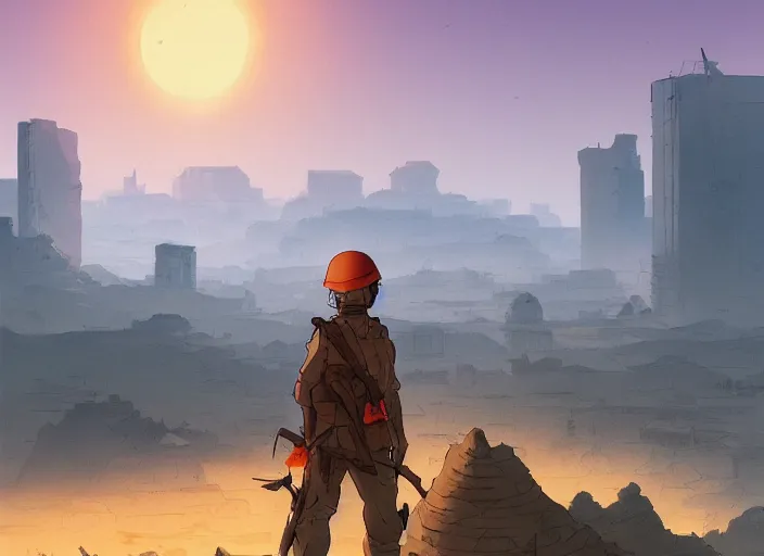 Image similar to cel shading background studio ghibli, soldier roaming through desert with city in the skyline, two suns, purple orange colors, sharp focus, illustration, highly detailed, digital painting, concept art, matte, art by wlop and artgerm and greg rutkowski, masterpiece
