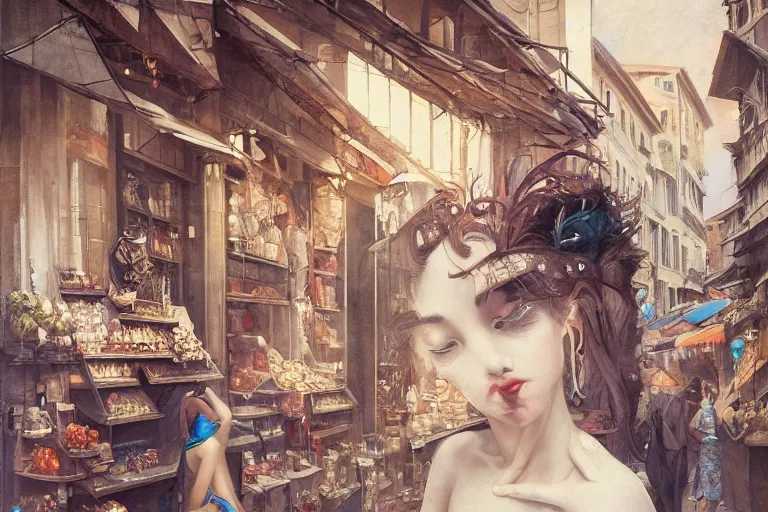 Prompt: seductive hoyeon jung shopping at ancient renaissance florence street vendors, rule of thirds, serene, face anatomy, by wlop, peter mohrbacher, james jean, jakub rebelka, visually stunning, beautiful, masterpiece