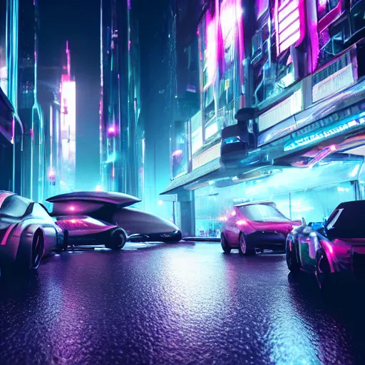 Image similar to Futuristic city at night with rain, Cyberpunk style. Flying car, Neon lights, Matte paiting 3d rendering. cinematic lighting, octane render, corona render, 8k