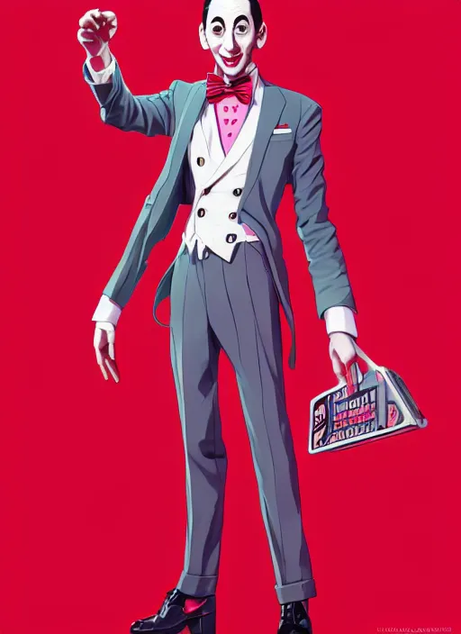 Image similar to pee wee herman, wide angle view, red and pink color scheme, highly detailed, artgerm, cushart krenz, king of fighters style, trending on artstation, soft light, sharp focus, illustration, character design, concept art