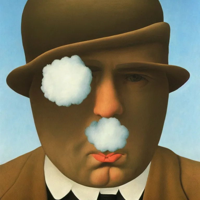 Image similar to portrait of a man whos head is hidden with a cloud, by rene magritte, detailed painting, hd, hq, high resolution, high detail, 4 k, 8 k