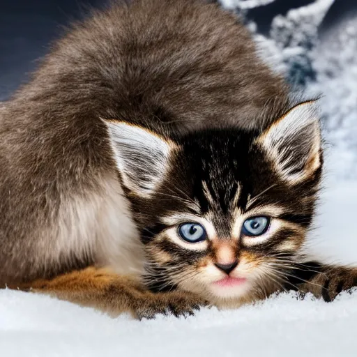 Image similar to super crisp closeup photo of a kitten with an extremely long monkey's tail. it is sitting in the snow, studio lighting, in the style of rodger deakins, moody, rim light, beautiful lighting, 8 k, stunning scene, blade runner, dune, seven,