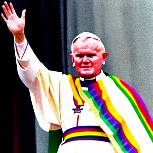Image similar to John Paul II wearing a lgbt colored robe, nazi salute