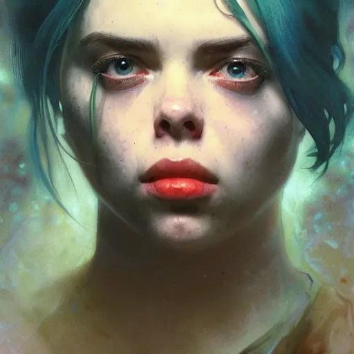 Image similar to billie eilish, hyperrealistic full figure, bladerunner street alley, art of elysium by frank frazetta and by jeremy mann and by alphonse mucha, fantasy art, photo realistic, dynamic lighting, artstation, full figure poster, volumetric lighting, very detailed face, 4 k, award winning