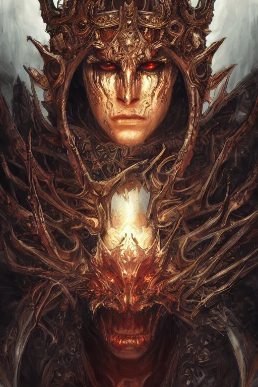 Image similar to portrait of the Demon King, demonic armor, demonic crown, fantasy, intricate, realistic, cinematic lighting, highly detailed, digital painting, Artstation, concept art, smooth, sharp focus, illustration, art by Artgerm and Greg Rutkowski and Alphonse Mucha, in style of Yoshitaka Amano