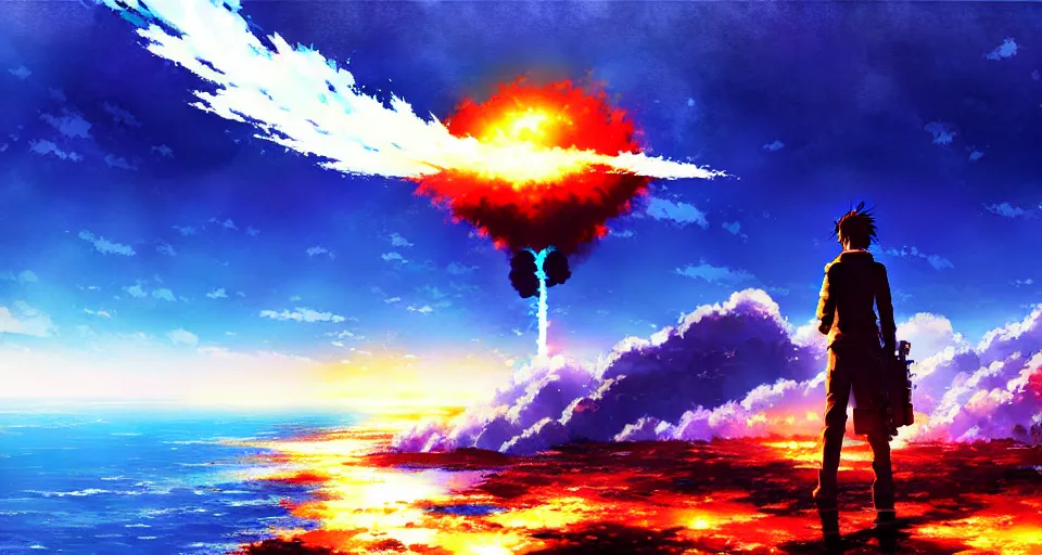 Image similar to a nuclear bomb mid - detonation above the ocean trending pixiv fanbox, acrylic palette knife, style of makoto shinkai takashi takeuchi yoshiyuki sadamoto greg rutkowski chiho aoshima