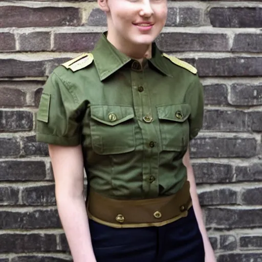 Image similar to brunette, short flipped out hair, green eyes, military uniform, smirk