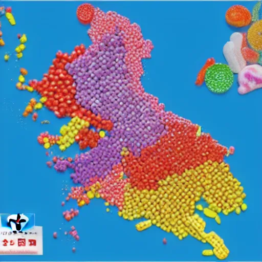 Prompt: a map of south korea made out of candy pieces, 8 k hd, n 9