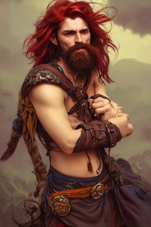 Image similar to portrait of a young ruggedly handsome but joyful pirate, male, masculine, full body, red hair, waist long hair, d & d, gold earring, fantasy, intricate, elegant, highly detailed, digital painting, artstation, concept art, matte, sharp focus, illustration, art by artgerm and greg rutkowski and alphonse mucha