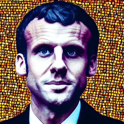 Prompt: mosaic portrait of Emmanuel macron with robot ears, 4k, intricate details, digital, moon in the background