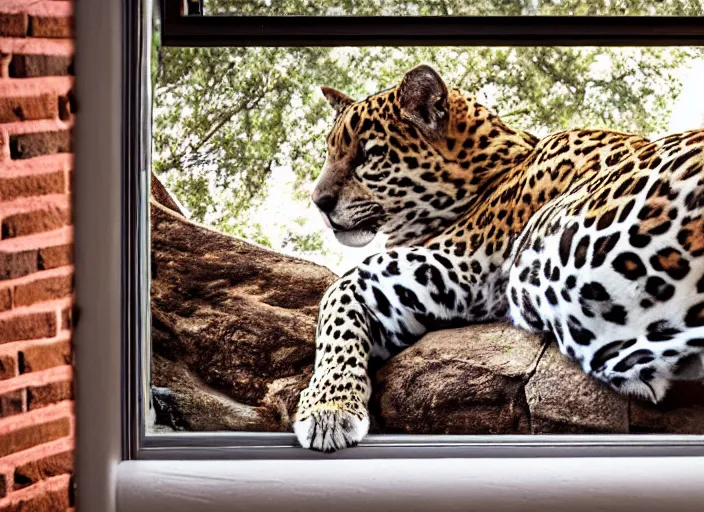 Image similar to photography of a Jaguar Cat . watching outside the window. on a bed. in a 70's room full of vinyls and posters, photorealistic, award winning photo, 100mm, sharp, high res