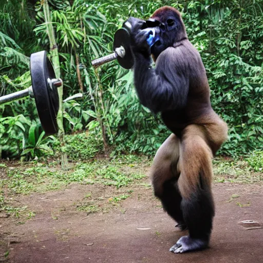 Prompt: gorilla lifting weights in the jungle