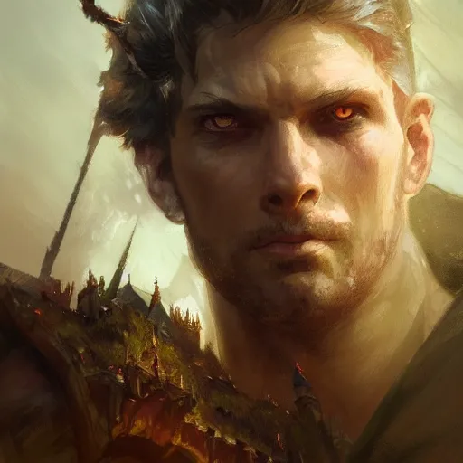Prompt: closeup portrait of a dungeons and dragons character, dramatic lighting, castle background, gorgeous view, realistic, high detail, depth of field, atmospheric, digital art, painted by greg rutkowski, painted by jeremy mann, painted by alphonse mucha, trending on artstation