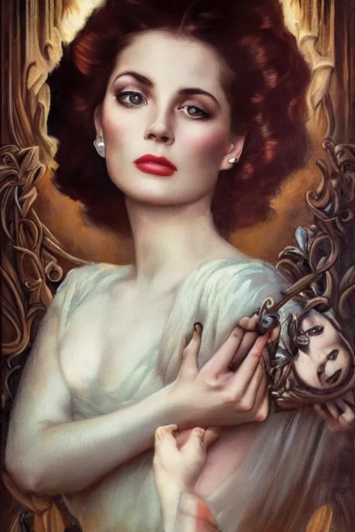 Prompt: a young, enraged, and extremely beautiful grace kelly infected by night by tom bagshaw in the style of a modern gaston bussiere, art nouveau, art deco, surrealism. extremely lush detail. melancholic scene infected by night. perfect composition and lighting. sharp focus. rage. high - contrast lush surrealistic photorealism. screaming, murderous.