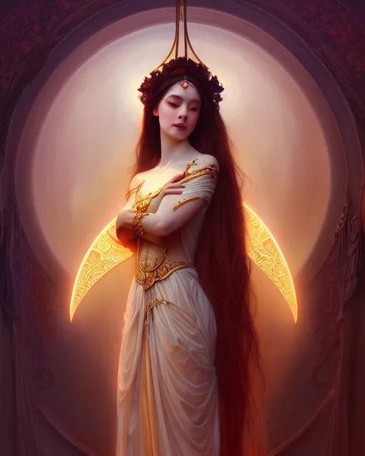 Prompt: Full view realistic ethereal deity of the crescent moon wearing beautiful dress by Mandy Jurgens and Ruan Jia, ornate art nouveau background by Elisabeth Sonrel, iconography background, mystical, award winning, dramatic lighting, intricate details, realistic, full view, Artstation, CGsociety