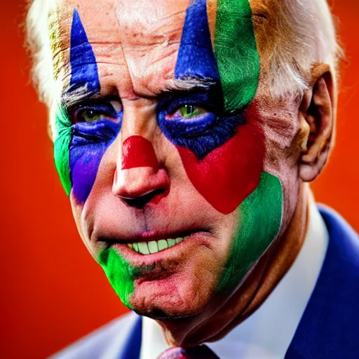 Image similar to Joe Biden with colorful clown makeup all over his face