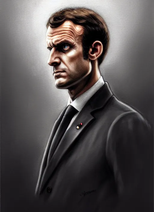 Image similar to portrait of stoic looking emmanuel macron as in the vigo carpathian painting, full body, police uniform, fantasy, intricate, elegant, beautiful, highly detailed, charcoal, centered, dark, smokey, digital painting, artstation, concept art, smooth, sharp focus, illustration, art by artgerm and greg rutkowski and alphonse mucha