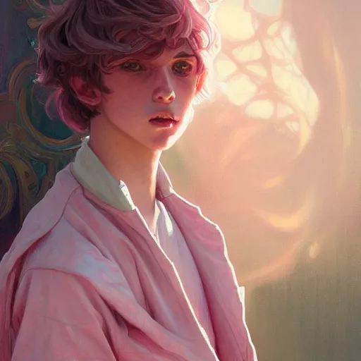 Image similar to teen boy, pink hair, intricate, elegant, portrait, highly detailed, digital painting, artstation, concept art, smooth, sharp focus, illustration, art by artgerm and greg rutkowski and alphonse mucha