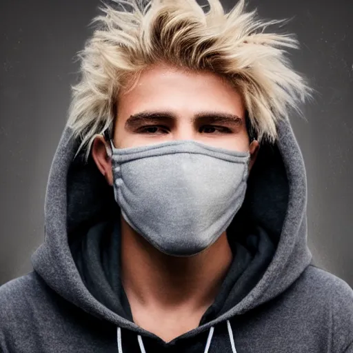 Image similar to professional digital art of a cute guy with blonde fluffy messy hair wearing a black face mask and a gray hoodie, high quality, HD, 8K, highly detailed, award-winning