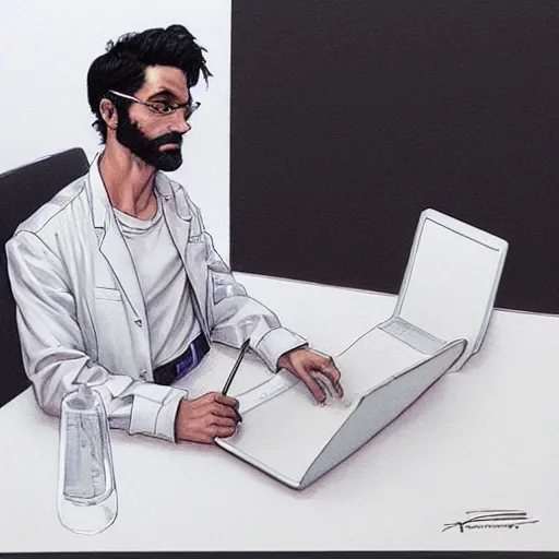 Image similar to a beautiful artwork of a young male scientist with black hair and white shirt sitting at a desk with a laptop by Jerome Opeña, featured on artstation