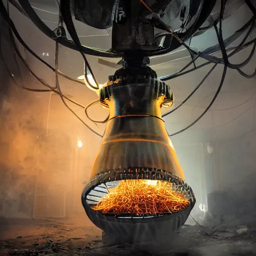 Prompt: oversized egg beater, tangles of metallic cables, dark messy smoke - filled cluttered workshop, dark, dramatic lighting, orange tint, sparks, plasma charges, cinematic, highly detailed, sci - fi, futuristic, movie still