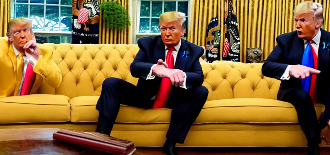 Image similar to donald trump sitting on couch watching his piss tape, golden shower