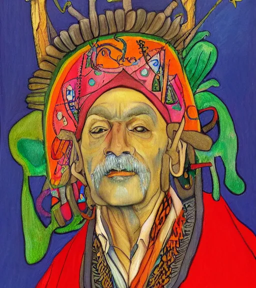 Prompt: Portrait painting in a style of Hieronim Bosch of an old shaman dressed in a colorful traditional clothes. Psychodelic