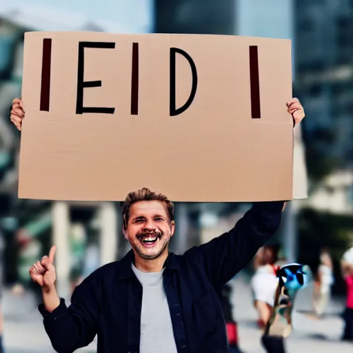 Image similar to photograph of smiling man holding a protest sign saying'xd ', high detail, 8 k resolution