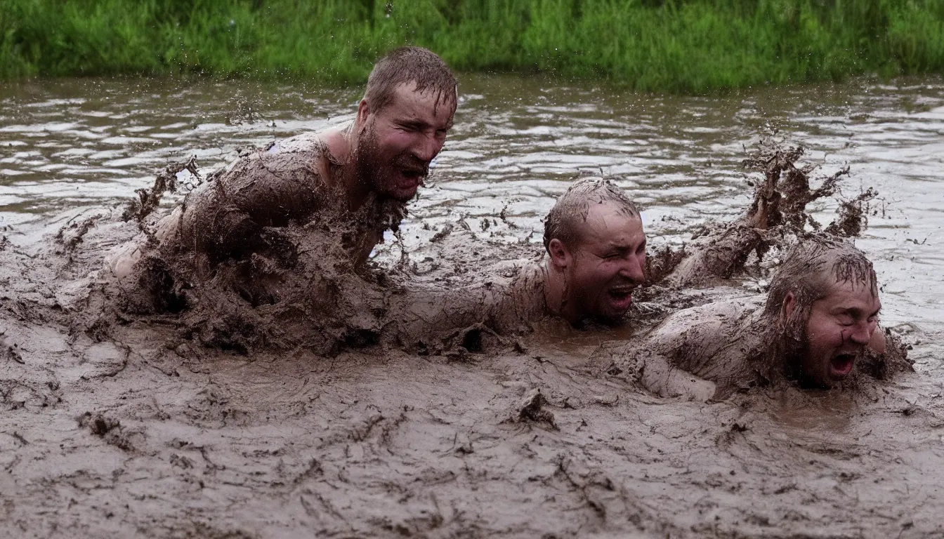 Image similar to man swimming trough the mud, russian style, hilarious, funny, meme, realistic, detailed, 4 k