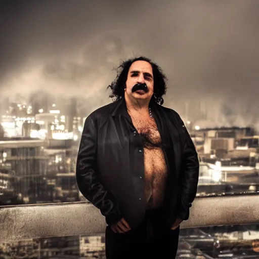 Prompt: Ron Jeremy on top of a roof exhaling smoke, moody, atmospheric